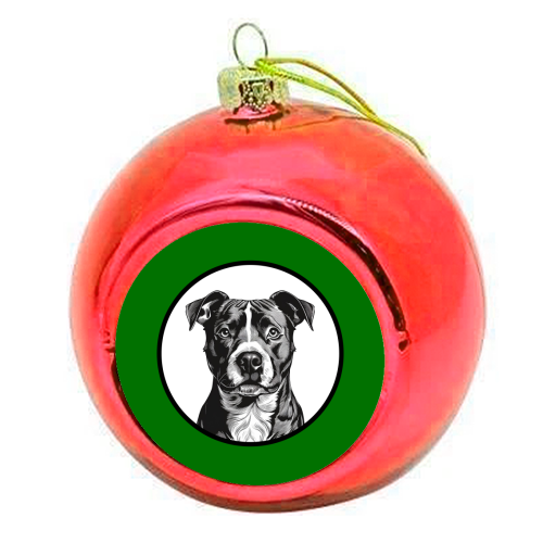 Staffordshire Bull Terrier Cameo Dog Portrait (dark green) - colourful christmas bauble by Adam Regester