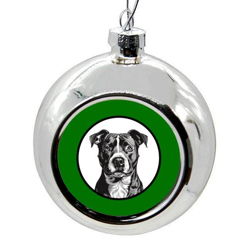 Staffordshire Bull Terrier Cameo Dog Portrait (dark green) - colourful christmas bauble by Adam Regester