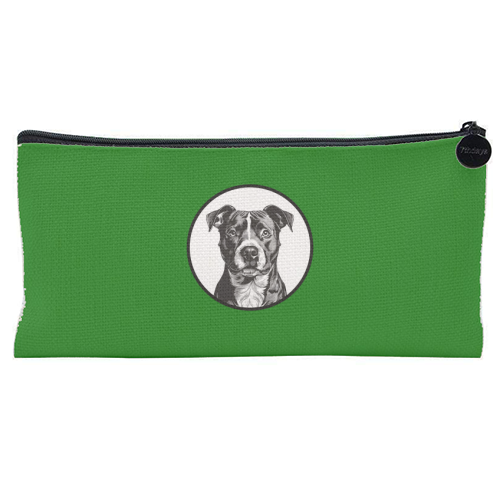 Staffordshire Bull Terrier Cameo Dog Portrait (dark green) - flat pencil case by Adam Regester