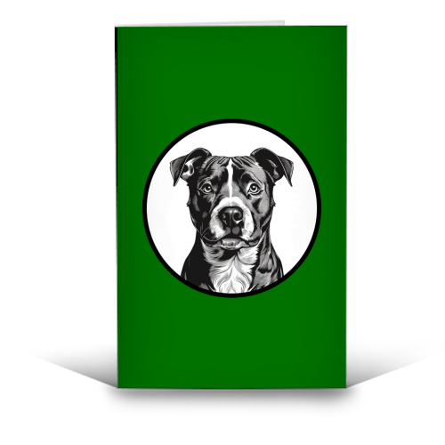 Staffordshire Bull Terrier Cameo Dog Portrait (dark green) - funny greeting card by Adam Regester