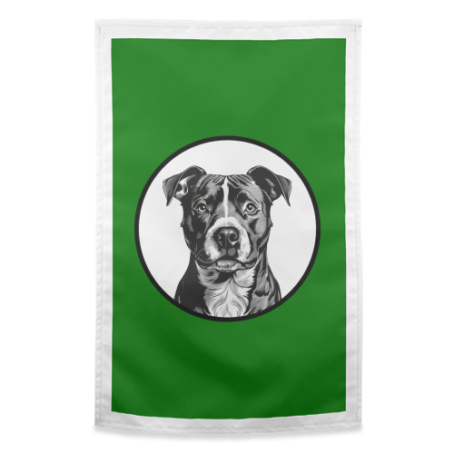 Staffordshire Bull Terrier Cameo Dog Portrait (dark green) - funny tea towel by Adam Regester