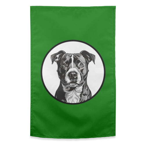 Staffordshire Bull Terrier Cameo Dog Portrait (dark green) - funny tea towel by Adam Regester
