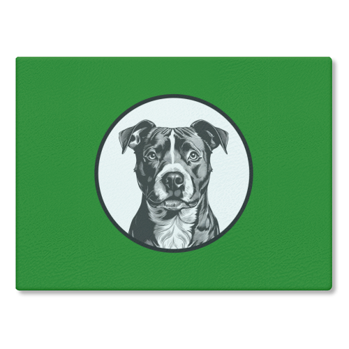 Staffordshire Bull Terrier Cameo Dog Portrait (dark green) - glass chopping board by Adam Regester