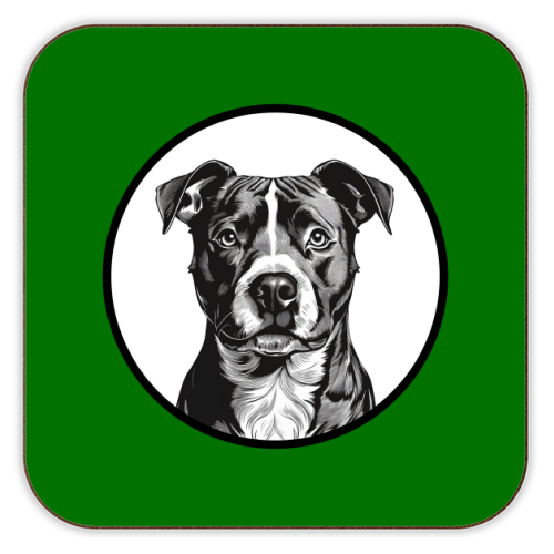 Staffordshire Bull Terrier Cameo Dog Portrait (dark green) - personalised beer coaster by Adam Regester