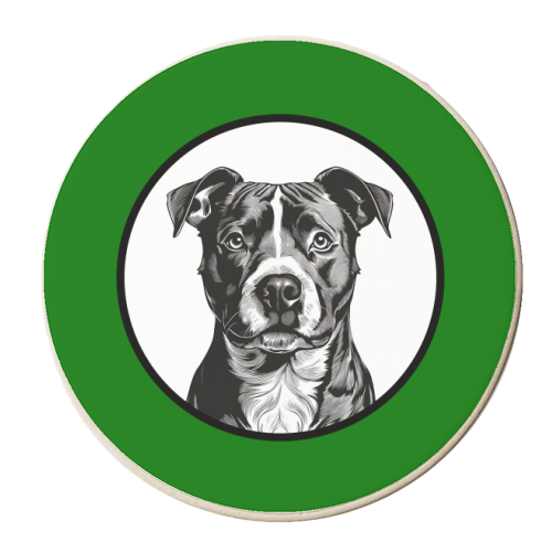 Staffordshire Bull Terrier Cameo Dog Portrait (dark green) - personalised beer coaster by Adam Regester