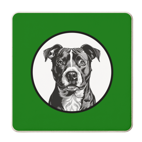 Staffordshire Bull Terrier Cameo Dog Portrait (dark green) - personalised beer coaster by Adam Regester
