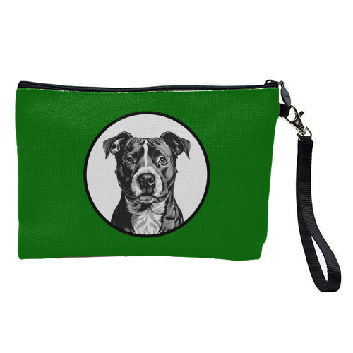Staffordshire Bull Terrier Cameo Dog Portrait (dark green) - pretty makeup bag by Adam Regester