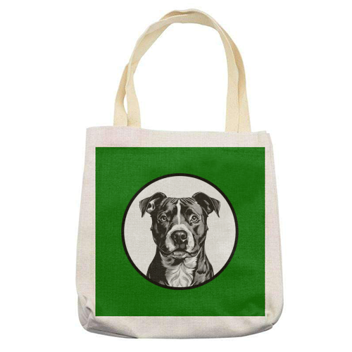 Staffordshire Bull Terrier Cameo Dog Portrait (dark green) - printed canvas tote bag by Adam Regester