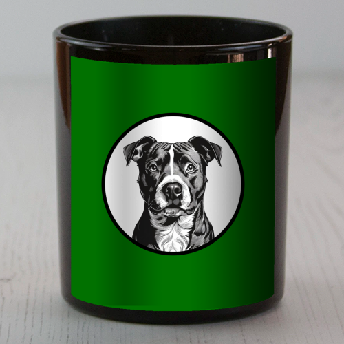 Staffordshire Bull Terrier Cameo Dog Portrait (dark green) - scented candle by Adam Regester