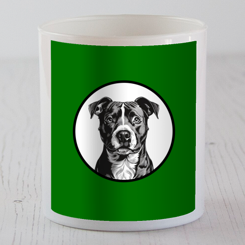 Staffordshire Bull Terrier Cameo Dog Portrait (dark green) - scented candle by Adam Regester
