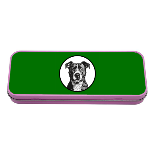 Staffordshire Bull Terrier Cameo Dog Portrait (dark green) - tin pencil case by Adam Regester