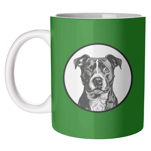 Staffordshire Bull Terrier Cameo Dog Portrait (dark green) - unique mug by Adam Regester