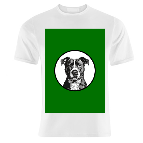 Staffordshire Bull Terrier Cameo Dog Portrait (dark green) - unique t shirt by Adam Regester