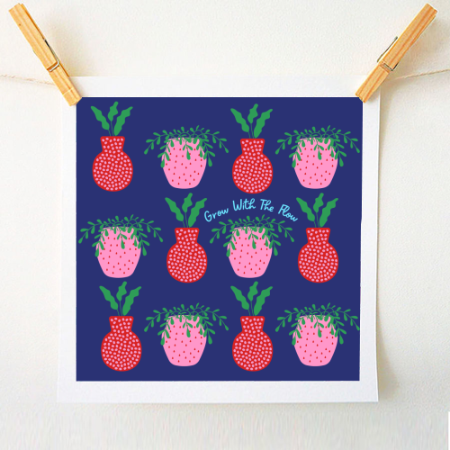 Strawberry & Pomegranate Plant Pots (Blue) - A1 - A4 art print by Nida Designs