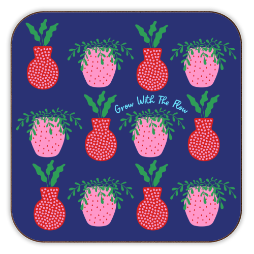 Strawberry & Pomegranate Plant Pots (Blue) - personalised beer coaster by Nida Designs