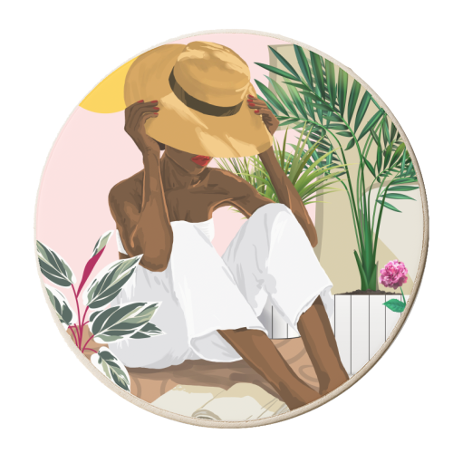 Summer Reading | Modern Bohemian Black Woman Travel | Beachy Vacation Book Reader - personalised beer coaster by Uma Prabhakar Gokhale