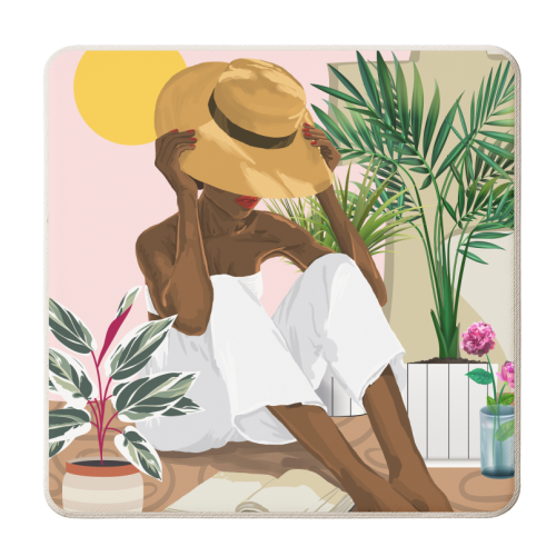 Summer Reading | Modern Bohemian Black Woman Travel | Beachy Vacation Book Reader - personalised beer coaster by Uma Prabhakar Gokhale