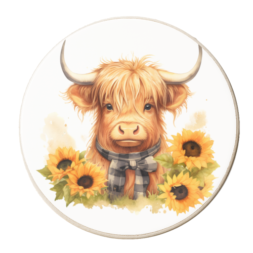 Sunflower HIghland cow - personalised beer coaster by haris kavalla