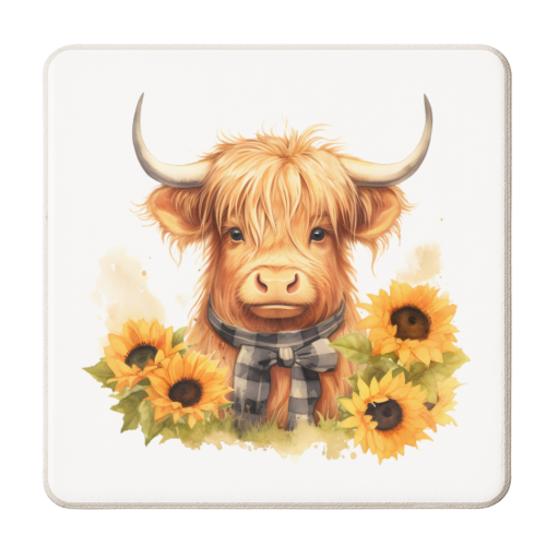Sunflower HIghland cow - personalised beer coaster by haris kavalla