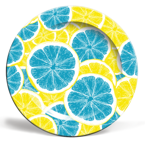 Surreal Blue Lemons and Sicilian Yellow Lemons - ceramic dinner plate by Art Heart Home and Fashion