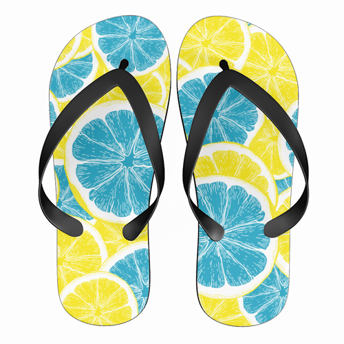 Surreal Blue Lemons and Sicilian Yellow Lemons - funny flip flops by Art Heart Home and Fashion