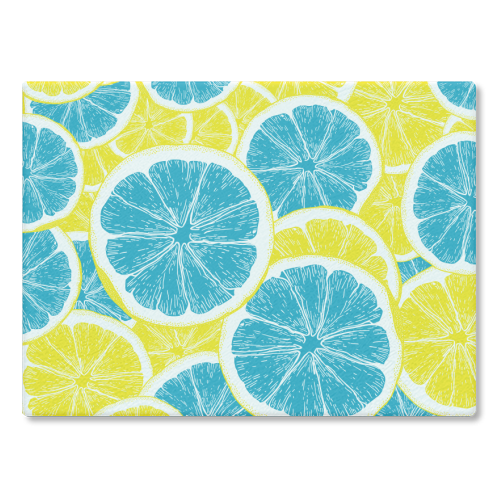 Surreal Blue Lemons and Sicilian Yellow Lemons - glass chopping board by Art Heart Home and Fashion