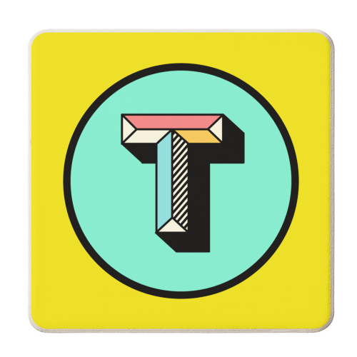 T - Bold Colourful Initial Design - personalised beer coaster by AbiGoLucky