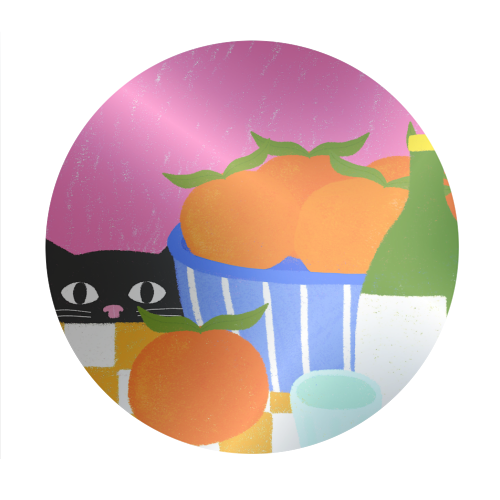 Table and Oranges Cat - Circle Sticker by The Paper Tail