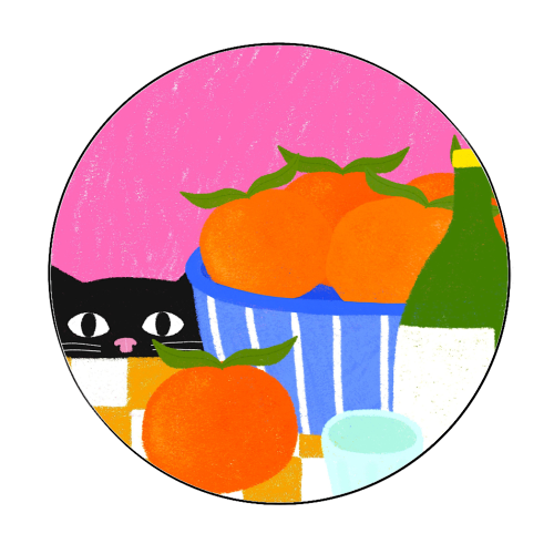 Table and Oranges Cat - Circle Sticker by The Paper Tail