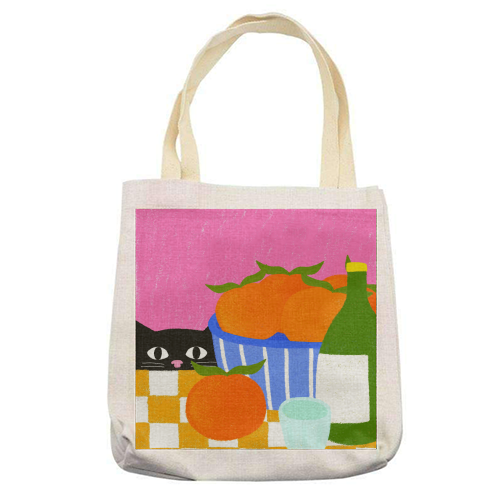 Table and Oranges Cat - printed canvas tote bag by The Paper Tail