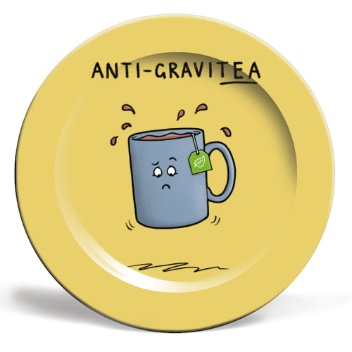 Tea Pun Cartoon - Anti Gravit-tea - ceramic dinner plate by Carl Batterbee