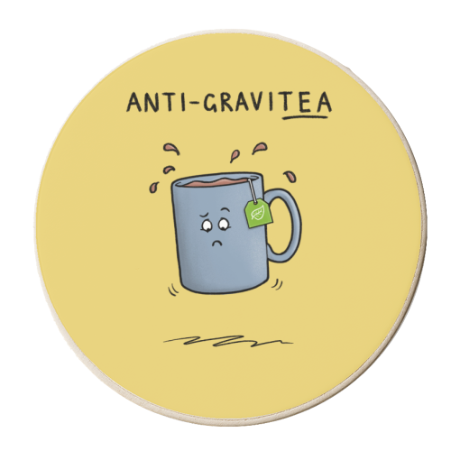 Tea Pun Cartoon - Anti Gravit-tea - personalised beer coaster by Carl Batterbee