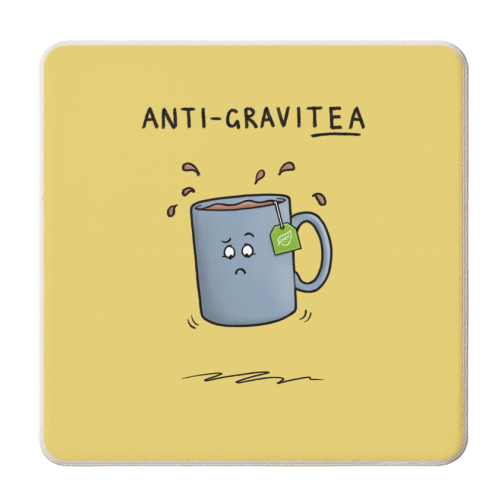 Tea Pun Cartoon - Anti Gravit-tea - personalised beer coaster by Carl Batterbee