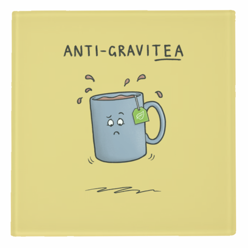 Tea Pun Cartoon - Anti Gravit-tea - personalised beer coaster by Carl Batterbee