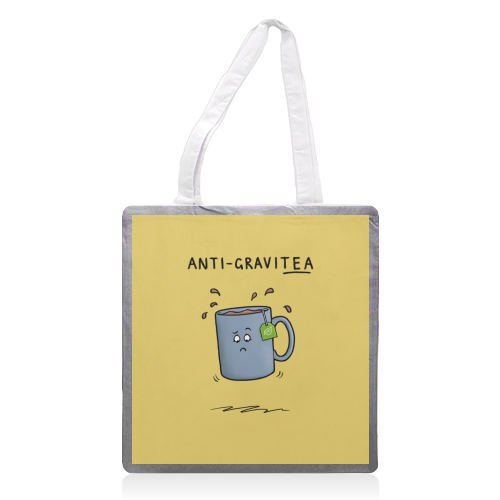 Tea Pun Cartoon - Anti Gravit-tea - printed canvas tote bag by Carl Batterbee