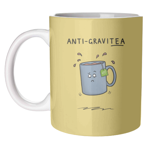 Tea Pun Cartoon - Anti Gravit-tea - unique mug by Carl Batterbee