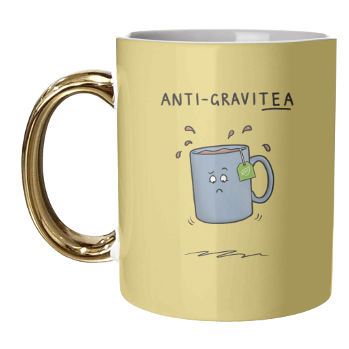 Tea Pun Cartoon - Anti Gravit-tea - unique mug by Carl Batterbee