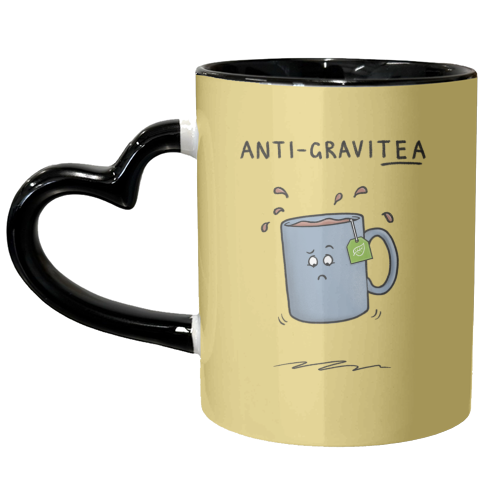 Tea Pun Cartoon - Anti Gravit-tea - unique mug by Carl Batterbee