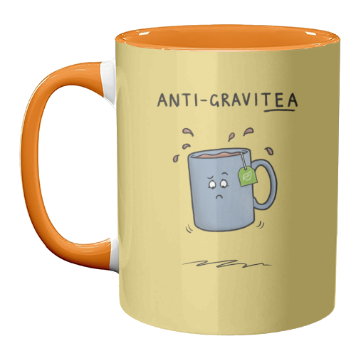 Tea Pun Cartoon - Anti Gravit-tea - unique mug by Carl Batterbee