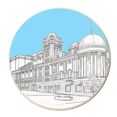 The Alhambra Theatre, Bradford, West Yorkshire (blue version) - personalised beer coaster by Adam Regester
