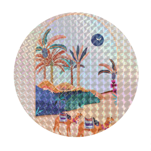 The Arabian Desert, Nature Landscape Travel Illustration, Camels Eclectic Sand Dunes Dubai Palm, Sahara Middle East Hot Summer Animals Bohemian - Circle Sticker by Uma Prabhakar Gokhale