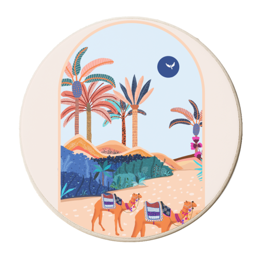 The Arabian Desert, Nature Landscape Travel Illustration, Camels Eclectic Sand Dunes Dubai Palm, Sahara Middle East Hot Summer Animals Bohemian - personalised beer coaster by Uma Prabhakar Gokhale