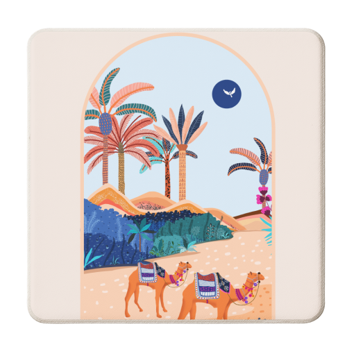 The Arabian Desert, Nature Landscape Travel Illustration, Camels Eclectic Sand Dunes Dubai Palm, Sahara Middle East Hot Summer Animals Bohemian - personalised beer coaster by Uma Prabhakar Gokhale