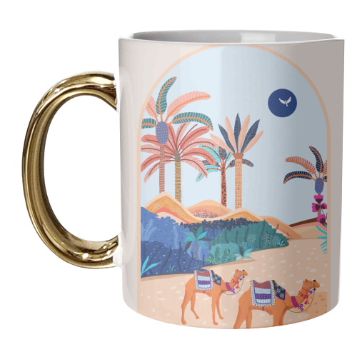 The Arabian Desert, Nature Landscape Travel Illustration, Camels Eclectic Sand Dunes Dubai Palm, Sahara Middle East Hot Summer Animals Bohemian - unique mug by Uma Prabhakar Gokhale