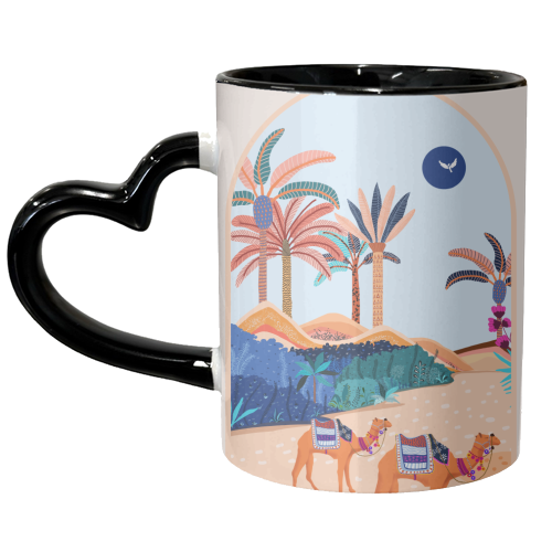 The Arabian Desert, Nature Landscape Travel Illustration, Camels Eclectic Sand Dunes Dubai Palm, Sahara Middle East Hot Summer Animals Bohemian - unique mug by Uma Prabhakar Gokhale
