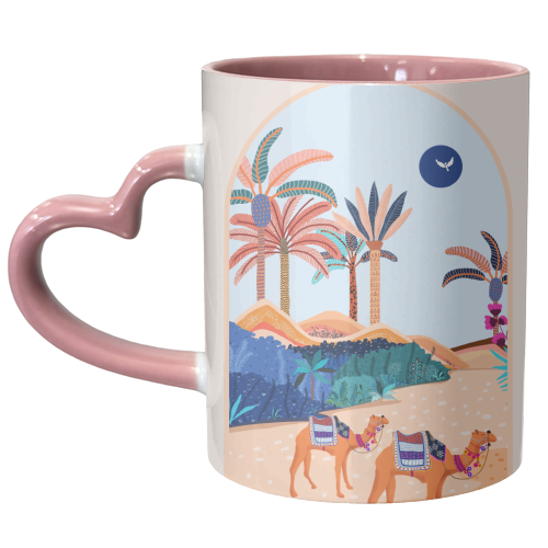 The Arabian Desert, Nature Landscape Travel Illustration, Camels Eclectic Sand Dunes Dubai Palm, Sahara Middle East Hot Summer Animals Bohemian - unique mug by Uma Prabhakar Gokhale