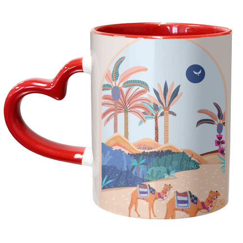 The Arabian Desert, Nature Landscape Travel Illustration, Camels Eclectic Sand Dunes Dubai Palm, Sahara Middle East Hot Summer Animals Bohemian - unique mug by Uma Prabhakar Gokhale
