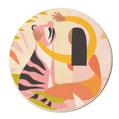 The Fearless Hug - Girl and Tiger #friendship #kindness - personalised beer coaster by Dominique Vari