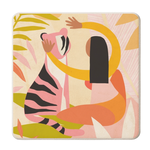 The Fearless Hug - Girl and Tiger #friendship #kindness - personalised beer coaster by Dominique Vari