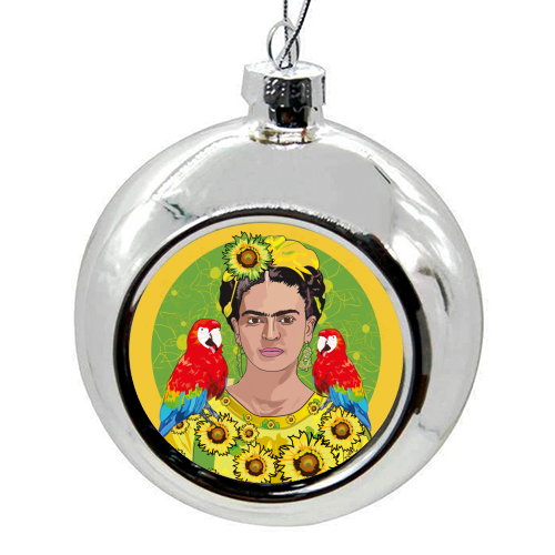 The Frida Kahlo & Parrots Collection - colourful christmas bauble by Catherine Critchley.